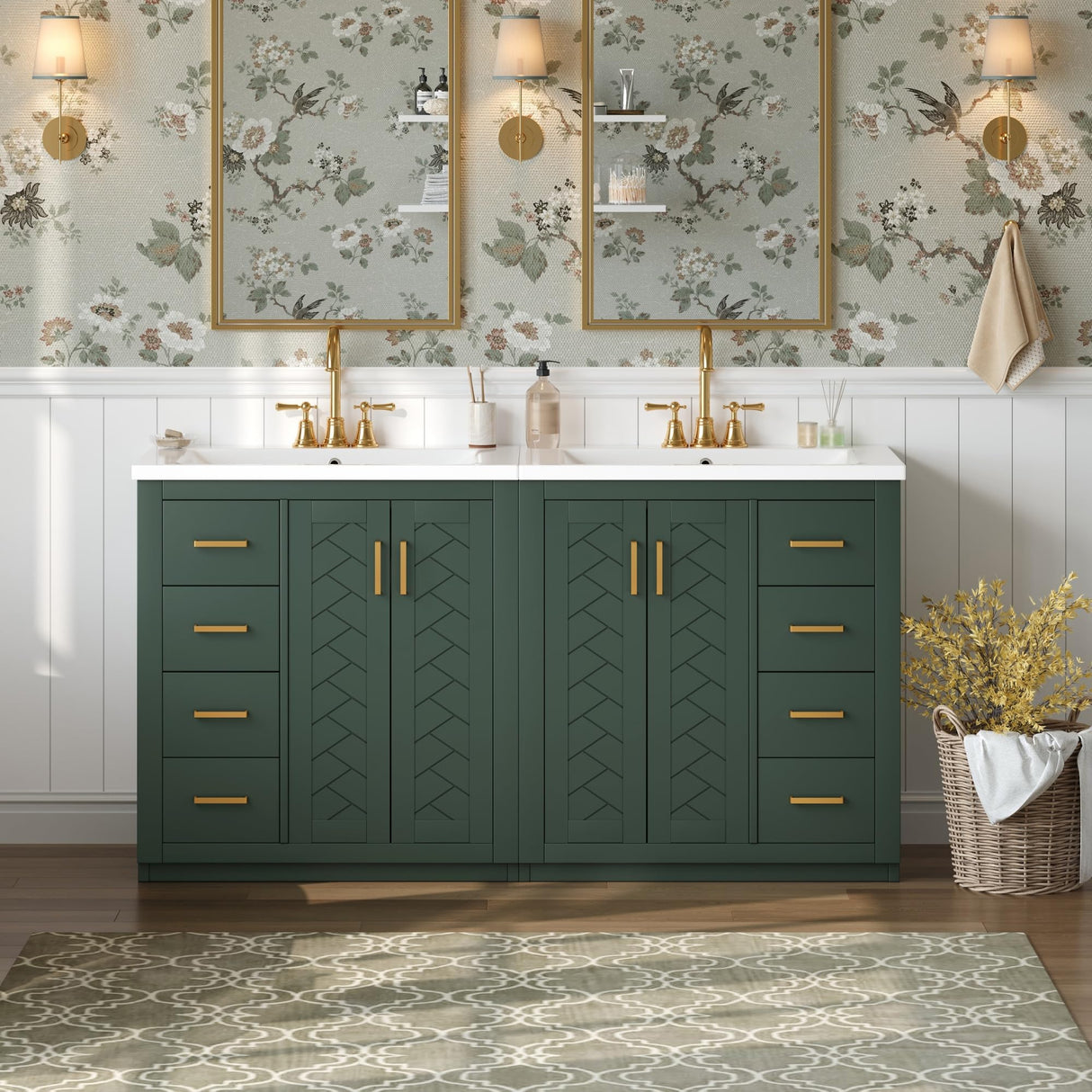 Merax 60" Bathroom Double Vanity with Sink Combo,Freestanding Solid Wood Bathroom Storage Cabinet,Single Sink Bathroom Vanity Set Combo,Green Merax
