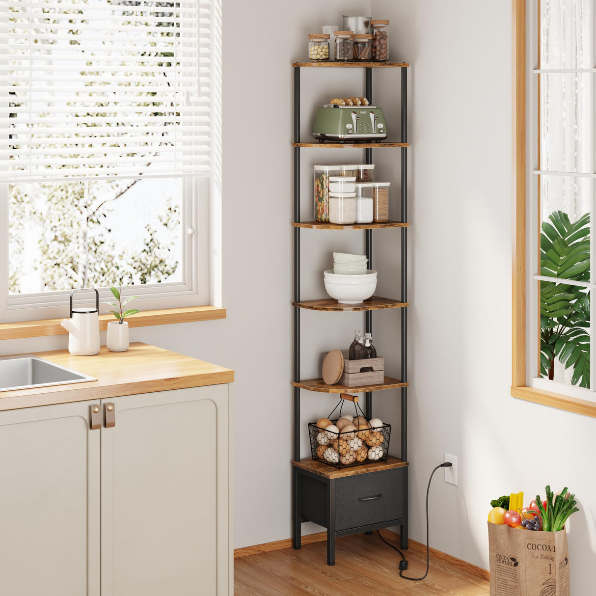 AFLUI 6-Tier Corner Bookshelf with Fabric Drawer and LED Light, 75" Bookcase for Small Space, Narrow Book Shelf for Corner, Display Shelf, Rustic Brown AFLUI