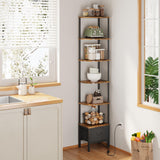 AFLUI 6-Tier Corner Bookshelf with Fabric Drawer and LED Light, 75" Bookcase for Small Space, Narrow Book Shelf for Corner, Display Shelf, Rustic Brown AFLUI