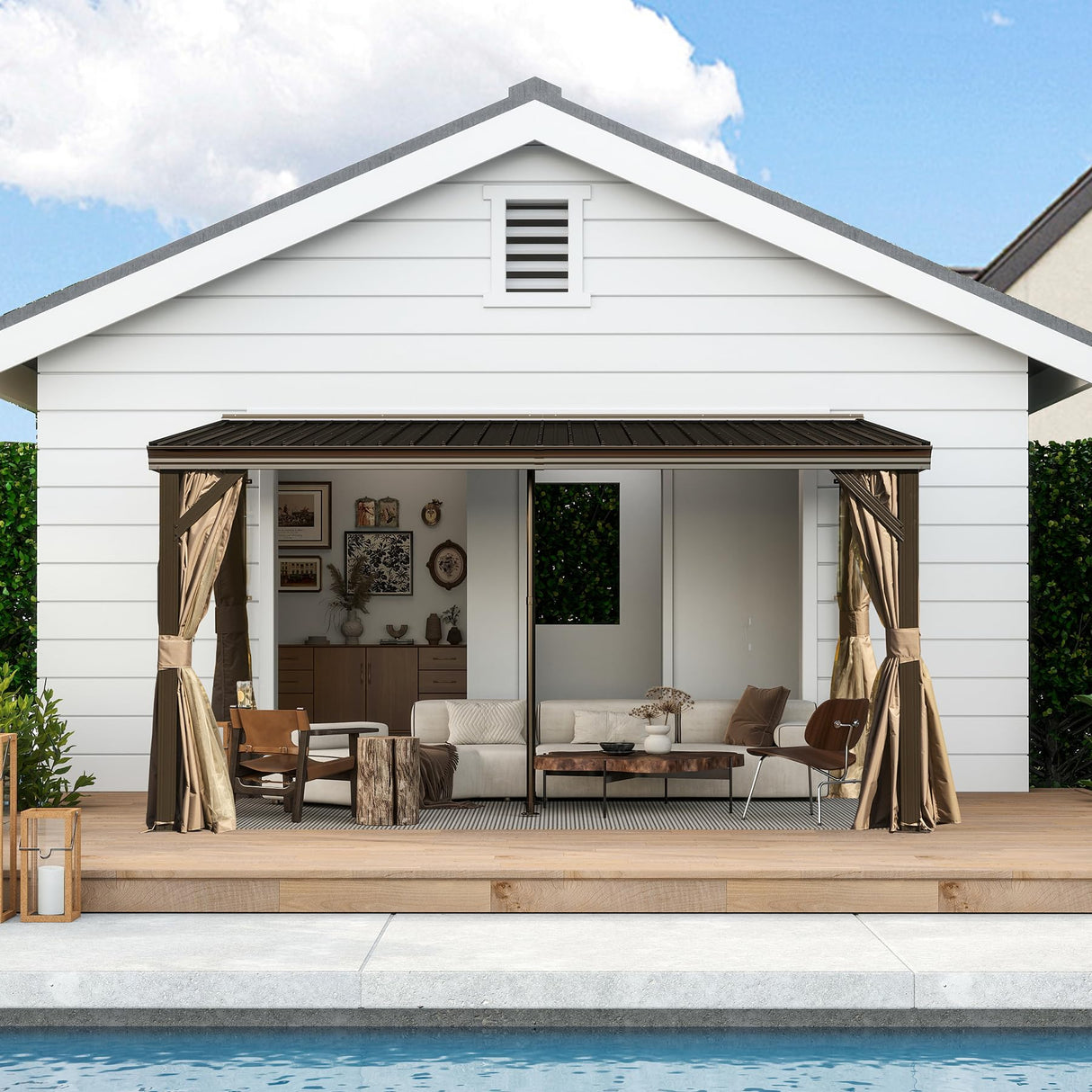 Domi 10x14FT Lean to Gazebo with Gutters, Outdoor Wall Mounted Pergola Hardtop with Galvanized Steel Sloping Roof, Patio Metal Canopy with Curtains and Nettings, Outside Awning for Backyard, Garden domi outdoor living