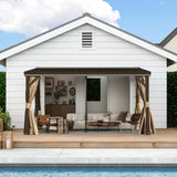 Domi 10x14FT Lean to Gazebo with Gutters, Outdoor Wall Mounted Pergola Hardtop with Galvanized Steel Sloping Roof, Patio Metal Canopy with Curtains and Nettings, Outside Awning for Backyard, Garden domi outdoor living