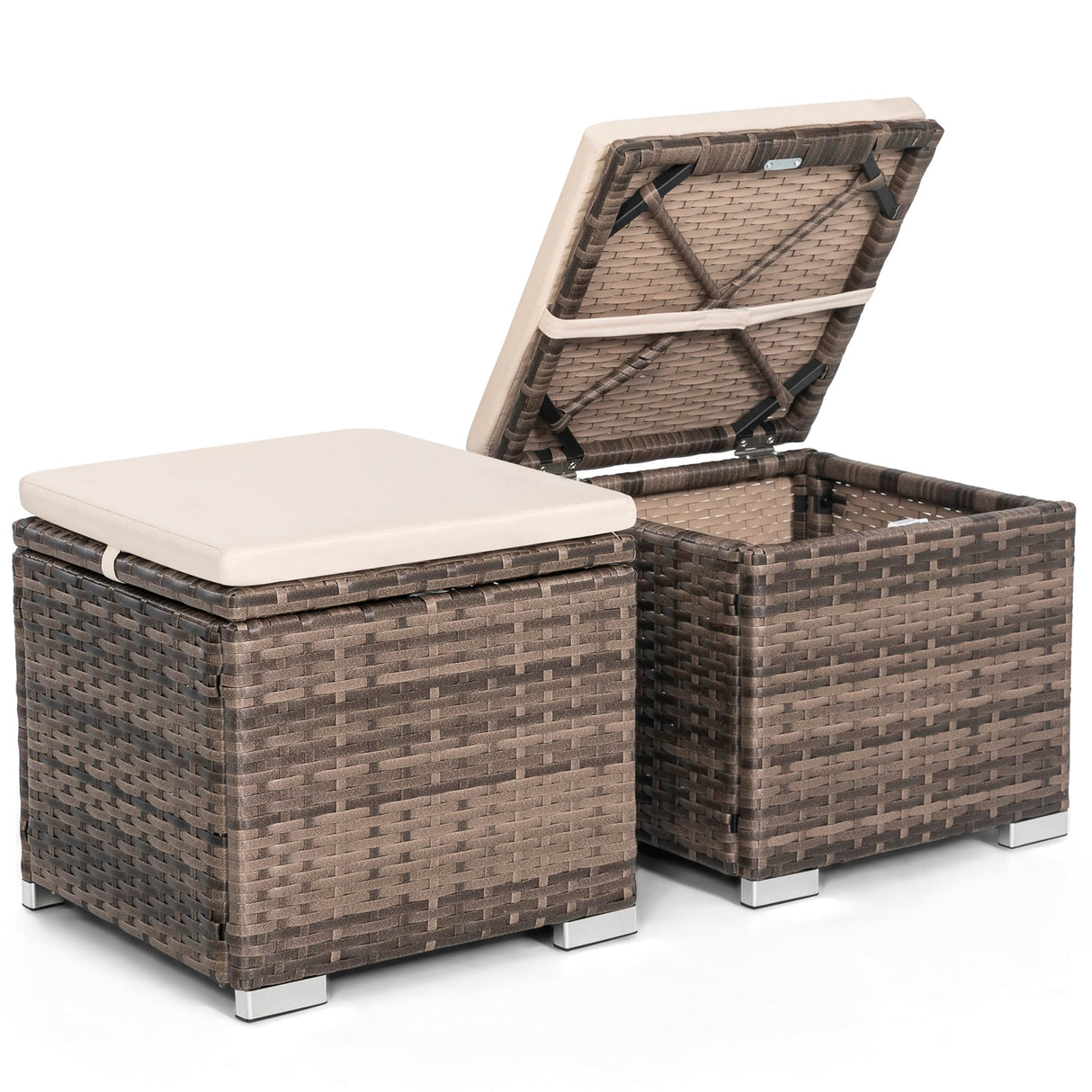 NUU GARDEN Outdoor 2 Piece Outdoor Patio Ottoman, All Weather Rattan Wicker Ottoman Seat, Outdoor Footstool Footrest Seat with Removable Cushion, for Patio, Backyard, Side Table, Brown and Beige NUU GARDEN