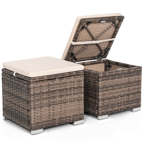 NUU GARDEN Outdoor 2 Piece Outdoor Patio Ottoman, All Weather Rattan Wicker Ottoman Seat, Outdoor Footstool Footrest Seat with Removable Cushion, for Patio, Backyard, Side Table, Brown and Beige NUU GARDEN