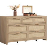 SICOTAS 7 Drawer Dresser for Bedroom, 57" Wide Rattan Dressers, Large Chest of Drawers for Bedroom, Dresser TV Stand, Boho Closet Organizer (Reclaimed Light Oak, 7 Drawers (1 pc)) SICOTAS