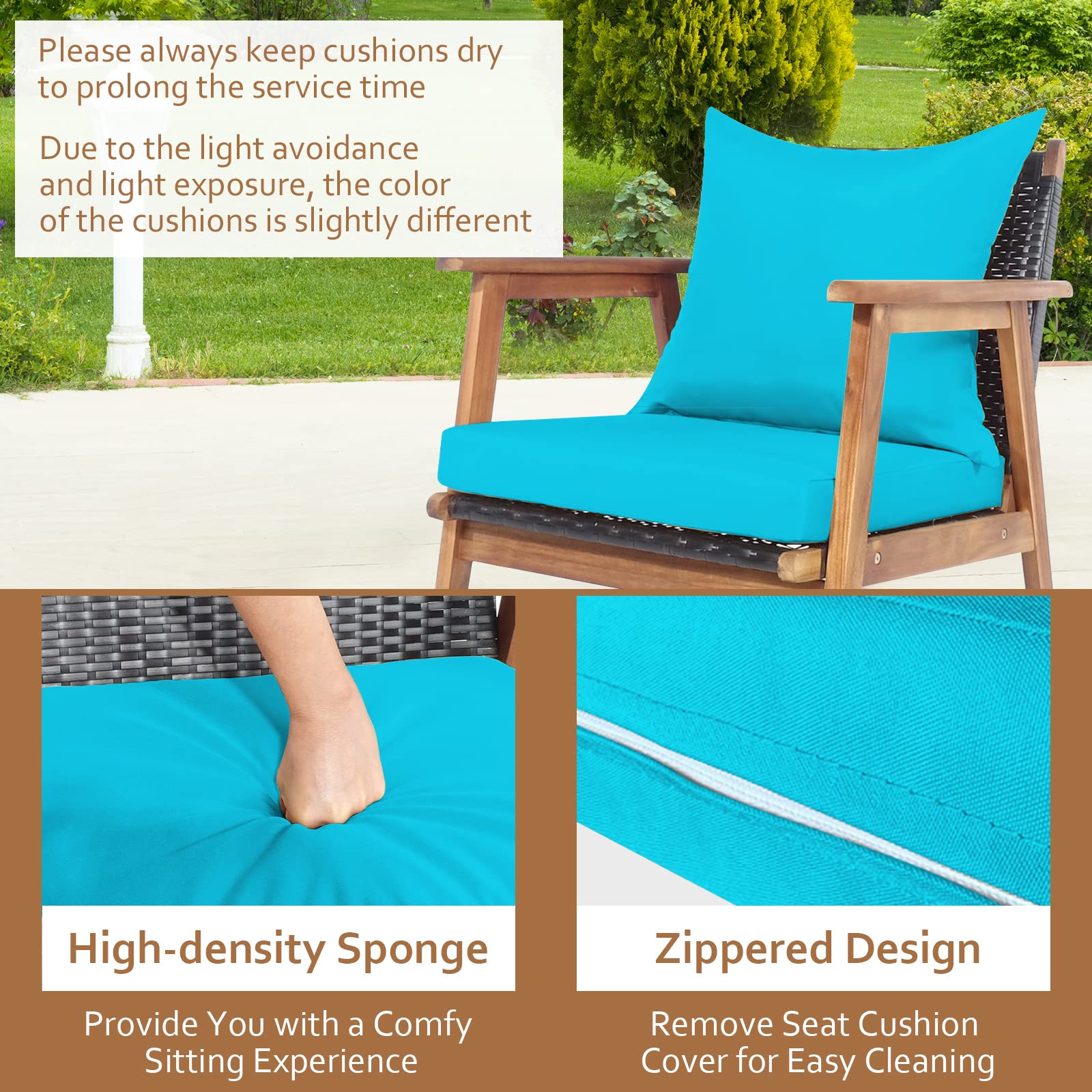 Tangkula 4-Piece Patio Furniture Set, Outdoor Acacia Wood Conversation Set with Cushions and Coffee Table, Outdoor PE Wicker Sectional Sofa Set for Garden, Poolside and Backyard (1, Turquoise - WoodArtSupply