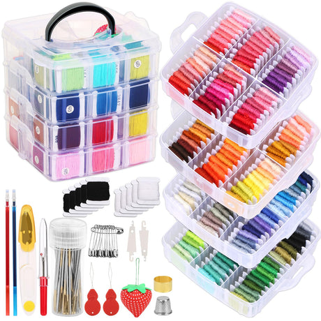 PAXCOO 276 Pack Embroidery Floss Thread Kit Including 210 Colors Cross Stitch Sewing Thread with 66 Pcs Embroidery Accessories and 4-Tier Transparent Embroidery Thread Storage Organizer Box PAXCOO
