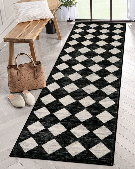 Lahome Moroccan Trellis Runner Rug - 2x8 Black Hallway Runner Rug with Rubber Backing, Checkered Kitchen Non Skid Carpet Runner Washable Indoor Mat for Camper Entryway Bathroom Hardwood Floor Lahome