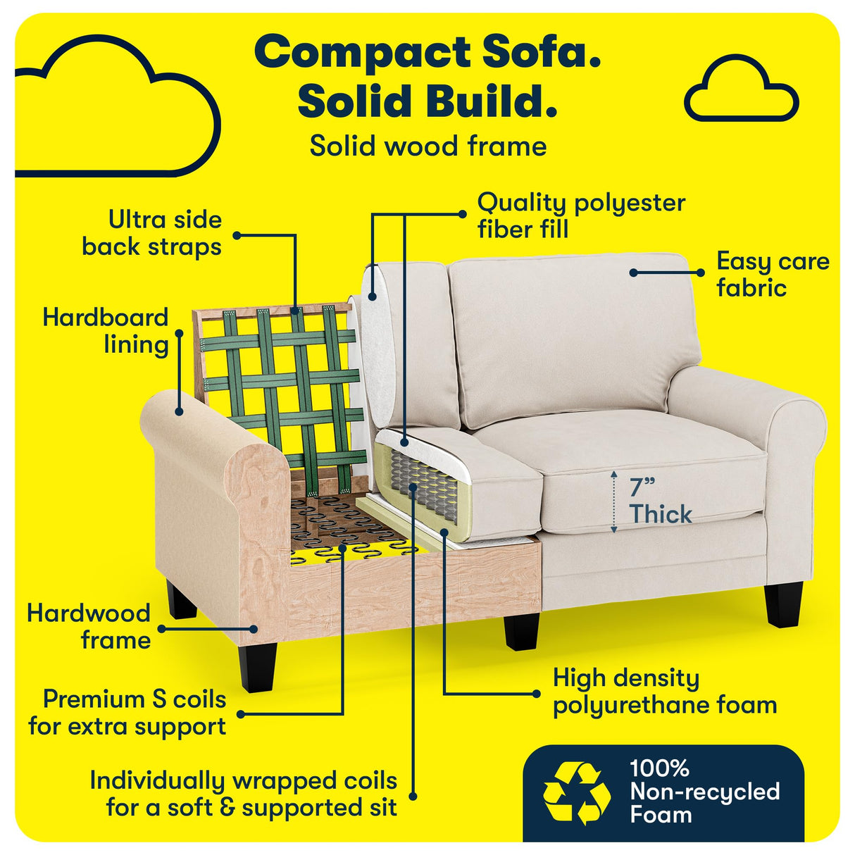 Serta Copenhagen 61" Rolled Arm Sofa, Easy Care Polyester, Soft Pillow Back, Pocket Coil Seat Cushions, Removable Covers, Loveseat or Couch for Small Spaces, Living Rooms or Bedrooms, Cream White Serta