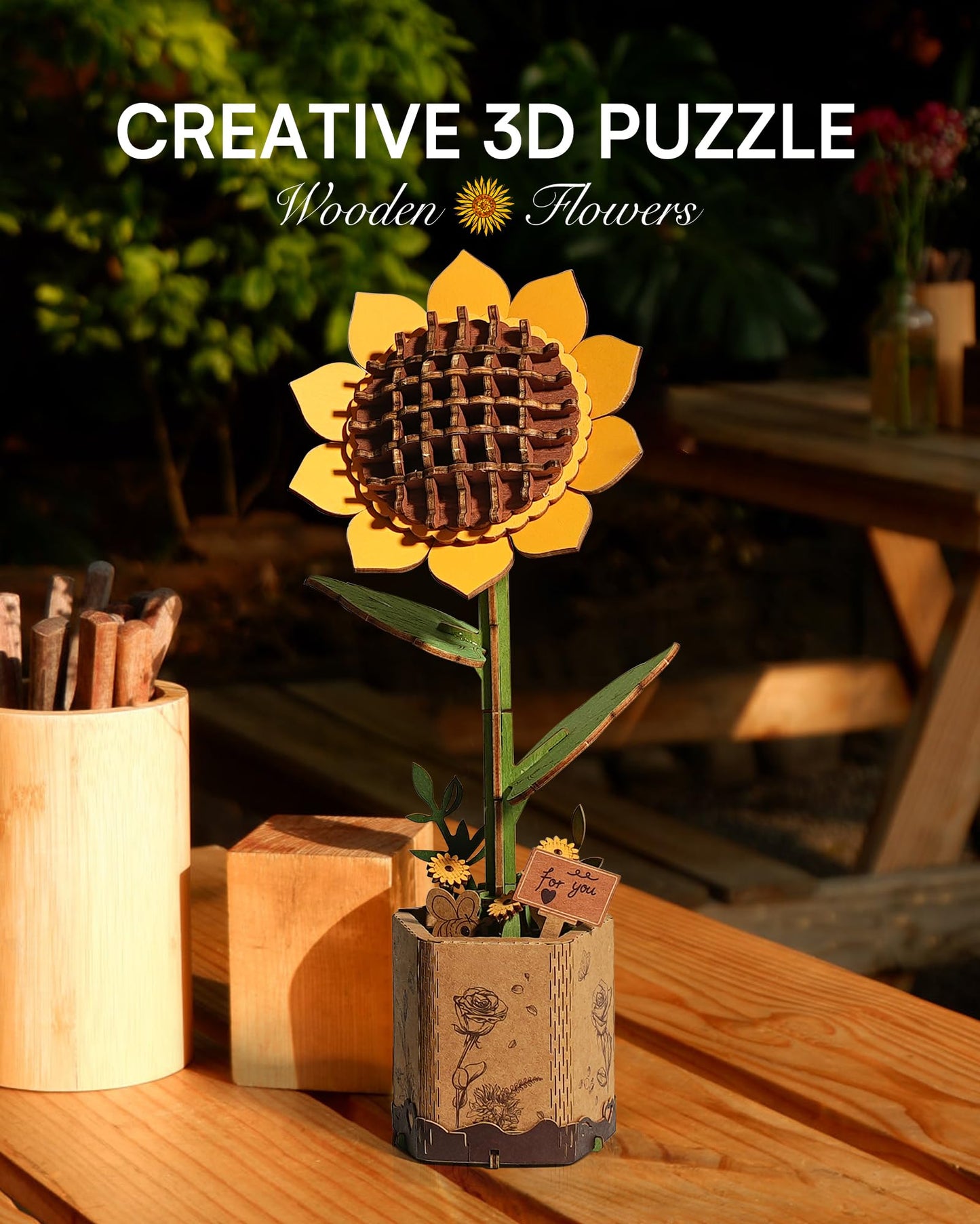 ROBOTIME 3D Puzzles Wooden Flower Sunflower DIY Model Building Kit to Build for Adults Bouquet Botanical Collection Craft Brain Teaser Puzzle Creative Gift Home Decor - WoodArtSupply