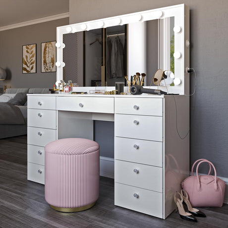 Boahaus Orla - Glass Top Large Vanity Desk w/Bluetooth Speaker, 12 Hollywood Lights, 11 Drawers, Crystal Knobs, USB Type-C & Type-A Ports, Power Outlet, Premium Makeup Vanity for Women, Teens – White Boahaus