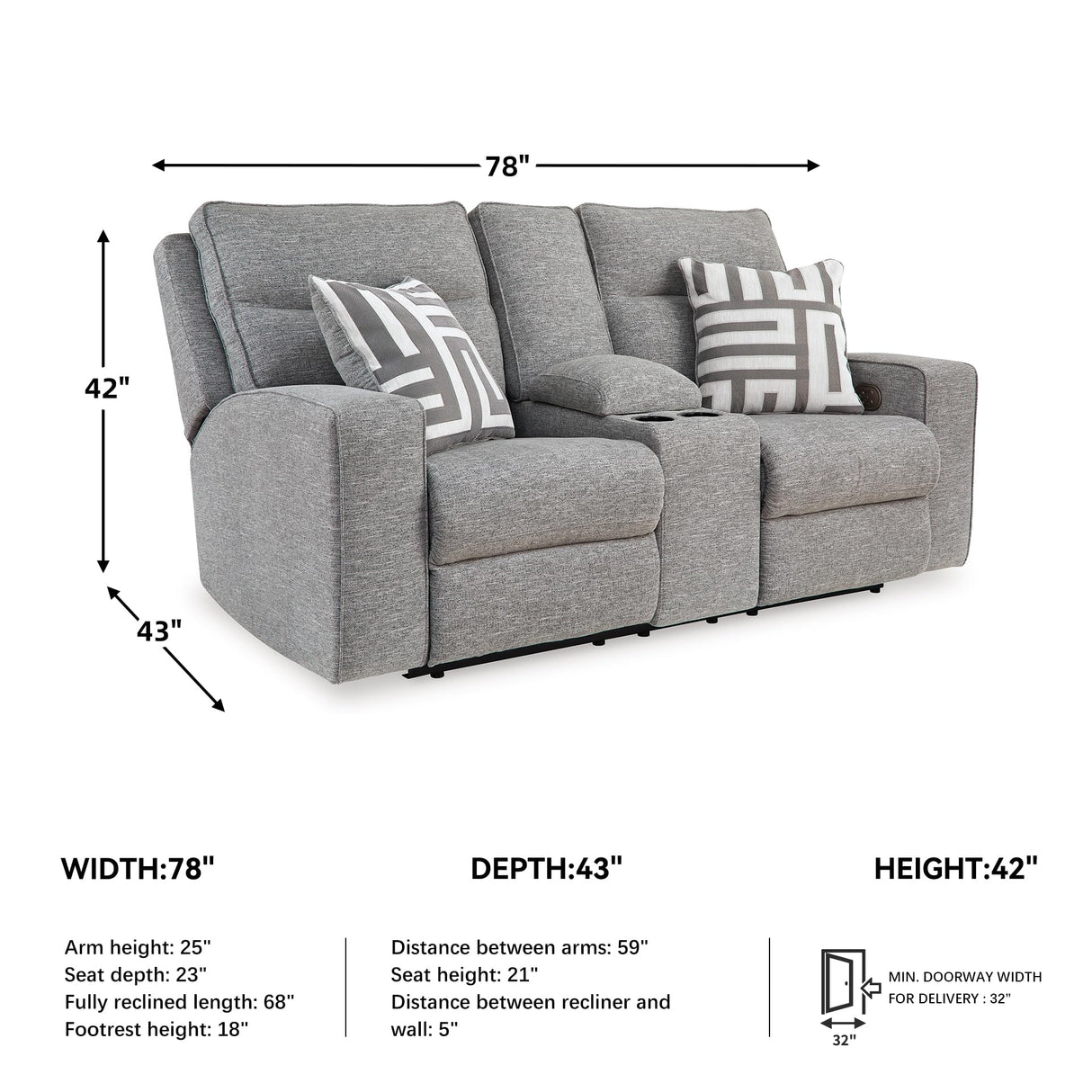 Signature Design by Ashley Biscoe Casual UV Resistant Power Reclining Loveseat with Console, Adjustable Headrest and USB Ports, Light Gray Signature Design by Ashley
