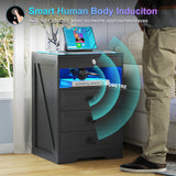 Lvifur RGB Nightstand with Gun Drawer, Glass Top Bedside Table with Wireless Charging Station, LED Night Stand with Human Sensor Design, Modern End Table for Bedroom Living Room (Black) Lvifur