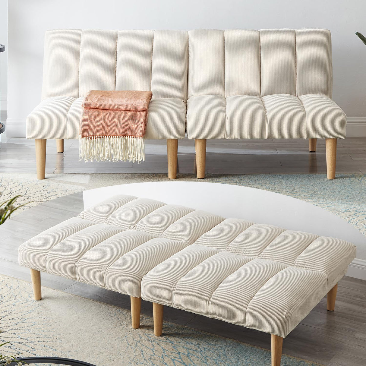 Modern Corduroy Convertible Folding Futon Couch Sofa Bed,with Adjustable Backrest Memory Foam Couch Double Loveseat Sofa for Compact Living Space,Dorm,Game Studio,Apartment,Bedroom (White) Gustonhon