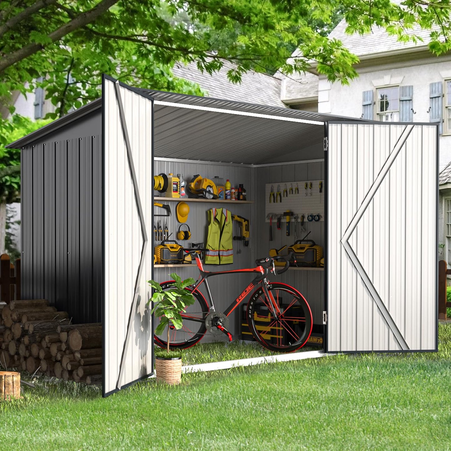 AECOJOY 7x3 Shed Bike Storage Shed, Lean to Sheds & Outdoor Storage Shed 3x7 Clearance, Small Metal Horizontal Shed Outdoor Storage Cabinet for Garden, Yard and Pool for Bicycle