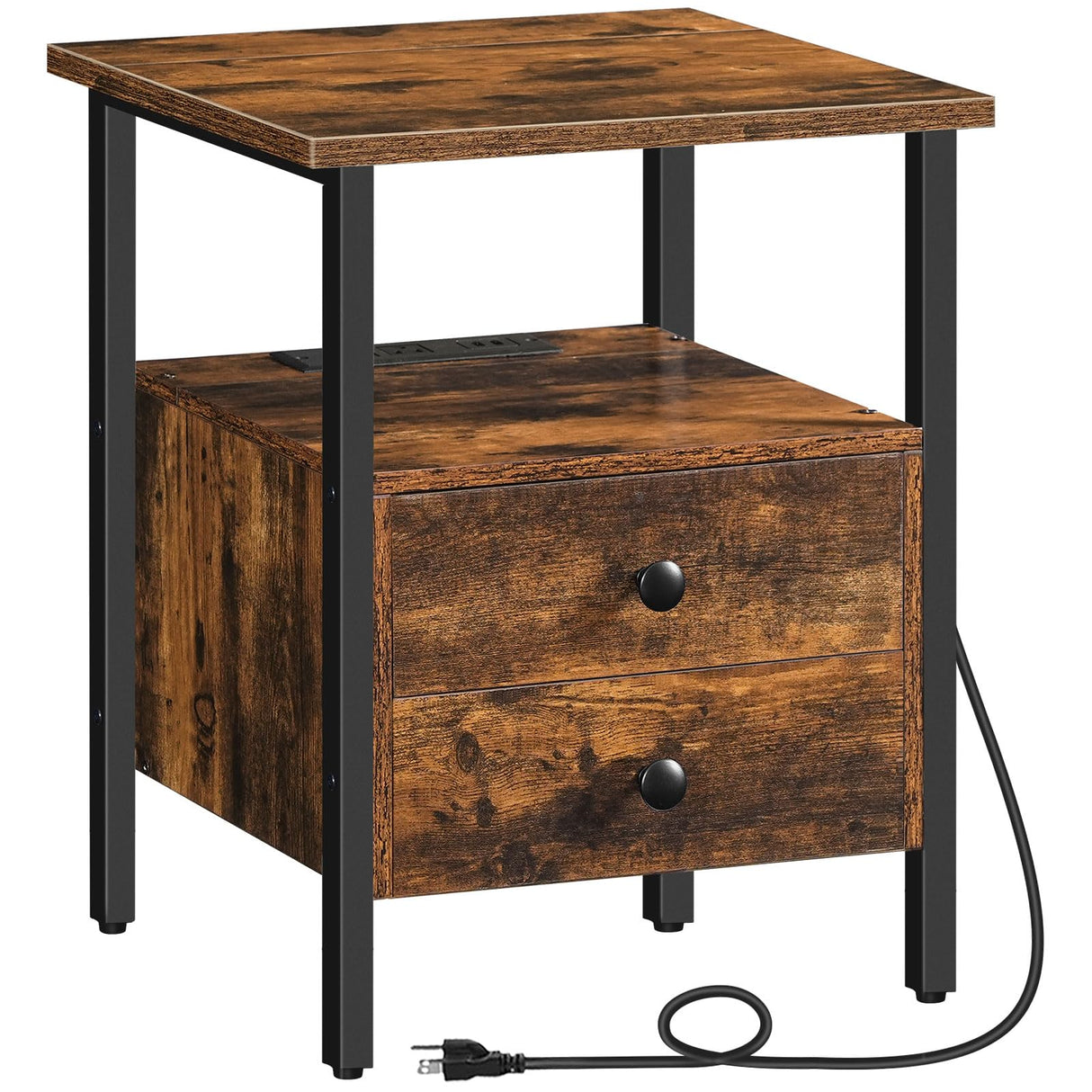 HOOBRO End Table with Charging Station, Bedside Table with 2 Drawer & USB Ports & Power Outlets, Nightstand for Small Spaces, Stable and Sturdy, for Living Room, Bedroom, Rustic Brown BF43UBZ01 HOOBRO