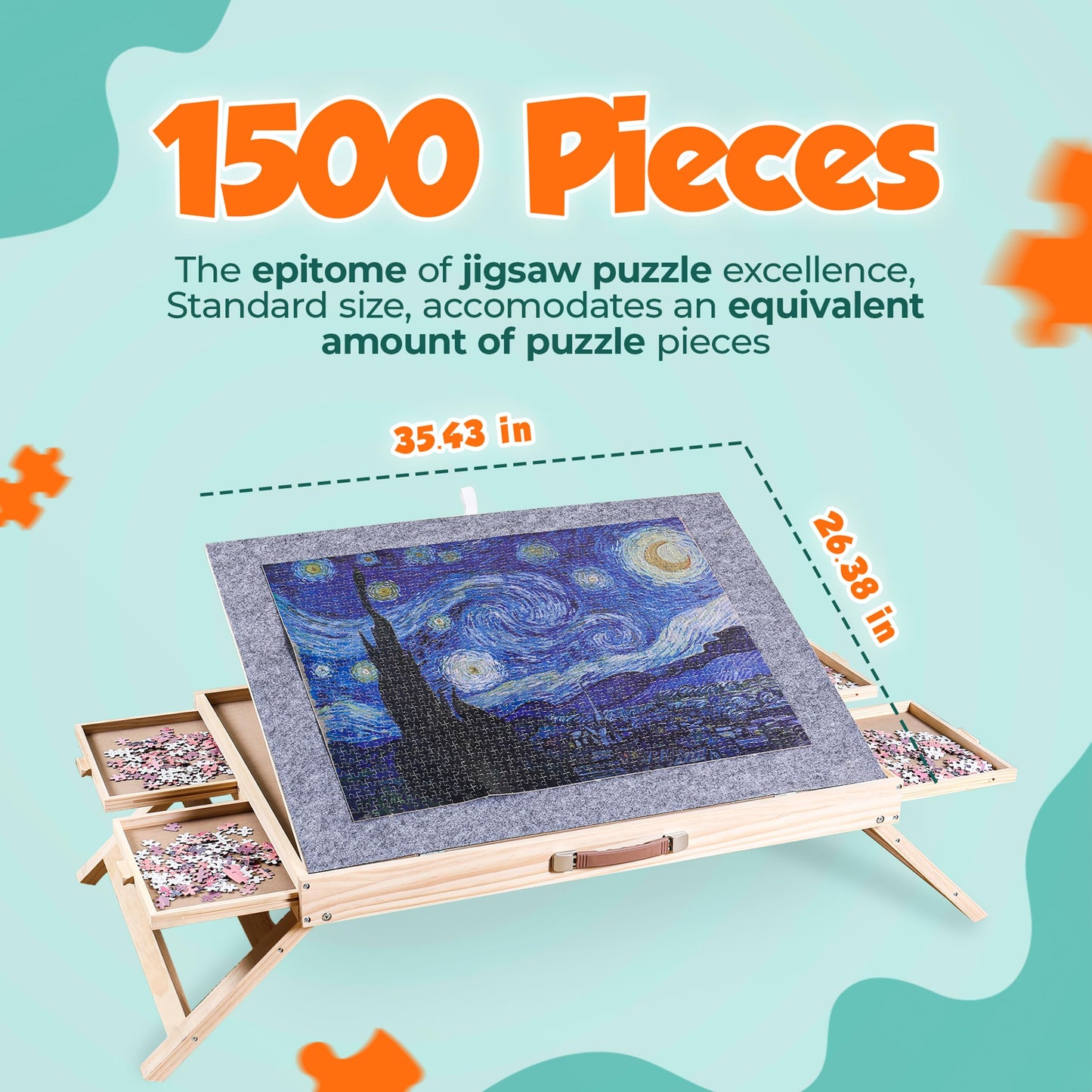 1500 Piece Jigsaw Puzzle Board - Wooden Puzzle Table with Cover - 3-Tilting-Angle Adjustable and 4 Drawers - 34” X 25” Jigsaw Puzzle Board Portable and Felted Anti-Skid Surface