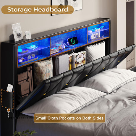 BTHFST Full Size LED Bed Frame with Charging Station & Stylish Storage Headboard in Black PU BTHFST