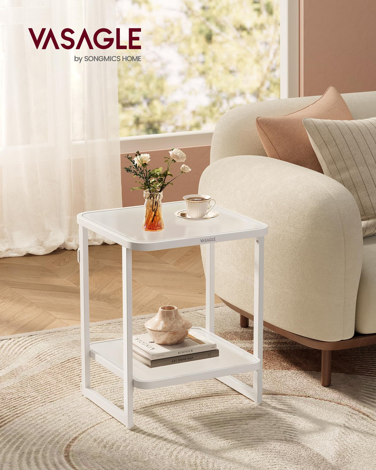 VASAGLE End Table, 2-Tier Side Table with LED Lights, Modern Nightstand, Square Bedside Table, Frosted Glass, Bottom Shelf, for Bedroom, Cloud White and Pearl White ULET232W01 VASAGLE