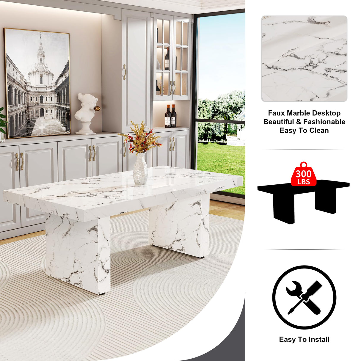 11 Piece Dining Table Set, 79" Marble Dining Table Set for 10, Marble Pattern MDF Dining Table Top and Base, 10 PU Leather Dining Chairs with Chrome Plated Metal Legs for Kitchen Dining Room. gopop