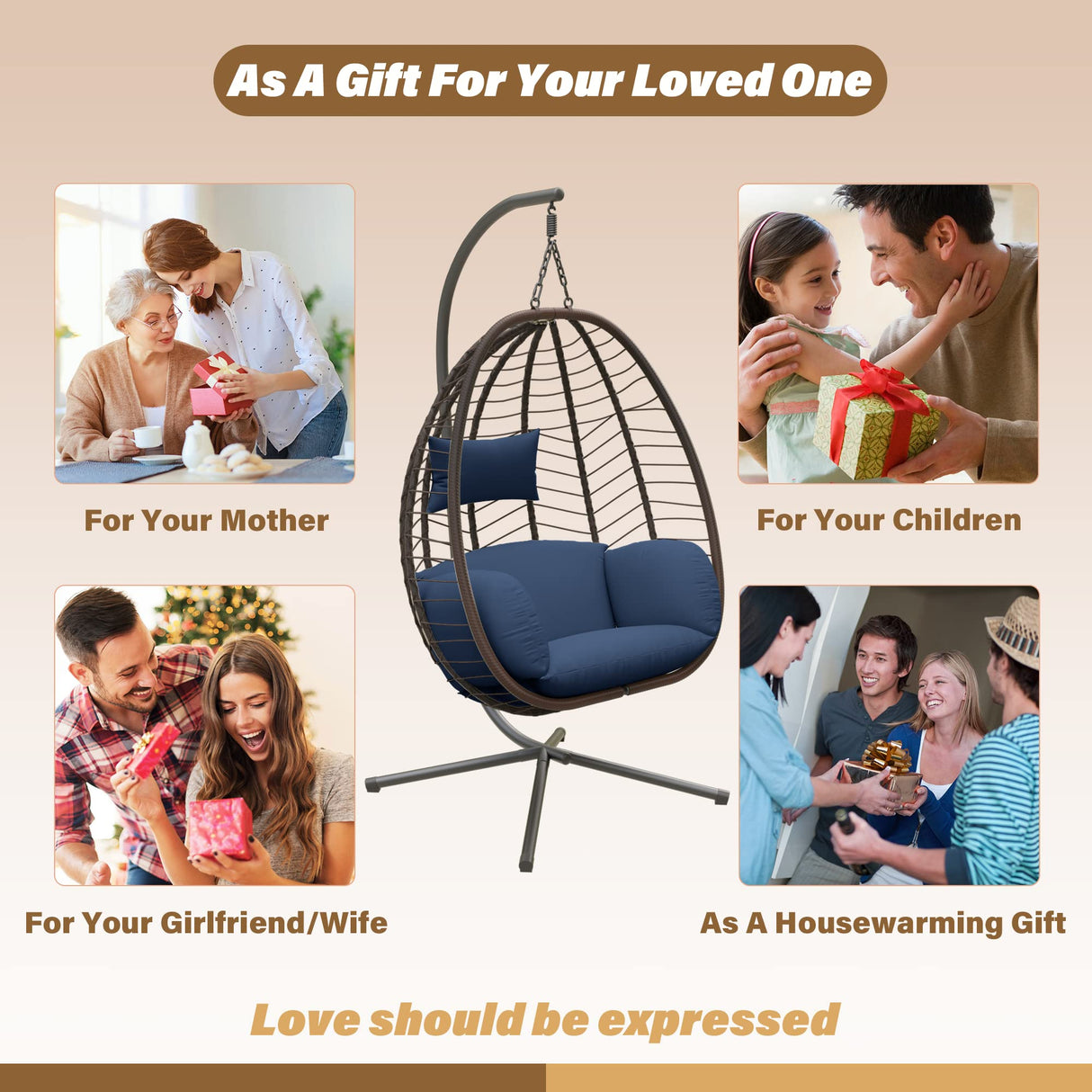 ALAULM Egg Swing Chair Outdoor Indoor Wicker Rattan Hanging Chair with Stand 350lbs Capacity w/Strong Frame & Dark Blue Cushions for Patio Balcony Bedroom ALAULM