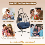ALAULM Egg Swing Chair Outdoor Indoor Wicker Rattan Hanging Chair with Stand 350lbs Capacity w/Strong Frame & Dark Blue Cushions for Patio Balcony Bedroom ALAULM
