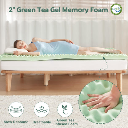 Lazyzizi Memory Foam Mattress Topper Queen, 4inch Dual Layer Cooling 2''Gel Green Tea Memory Foam & 2" Pillow Top Mattress Pad, 8-21inch Deep Pocket, Egg Crate for Back Pain Relief