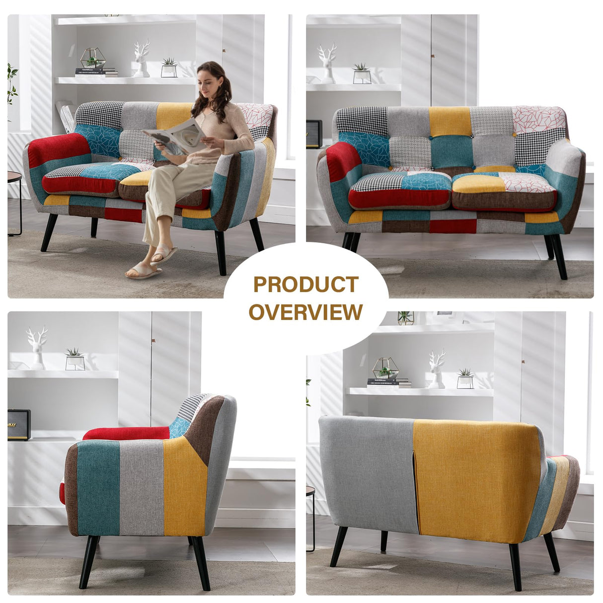 Bonzy Home Modern Boho Loveseat Couch Sofa Chair for Living Room Bedroom, Upholstered Colorful Plaid Fabric 2-Seat Love Seat Sofa with Wood Leg for Small Space, One Loveseat Bonzy Home