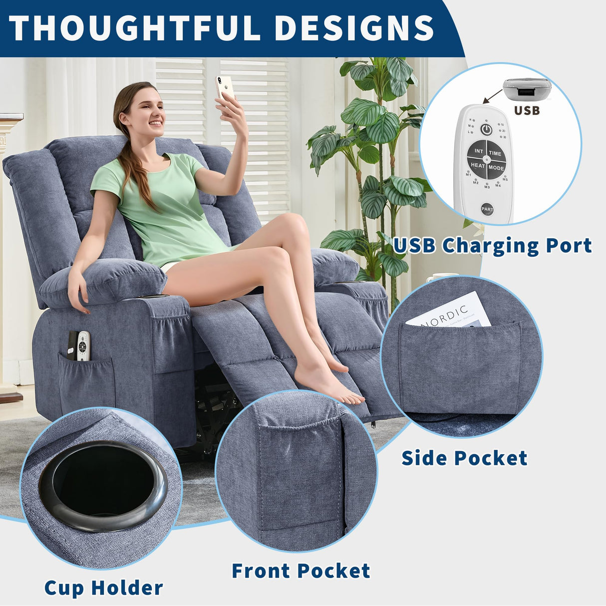 Large Power Lift Recliner Chair for Elderly Overstuffed Wide Electric Lift Chair with Heat and Massage for Big and Tall Adults Reclining Sofa Chair with 2 Cup Holders, Side Pocket, USB Port, Blue WARMTOBABY
