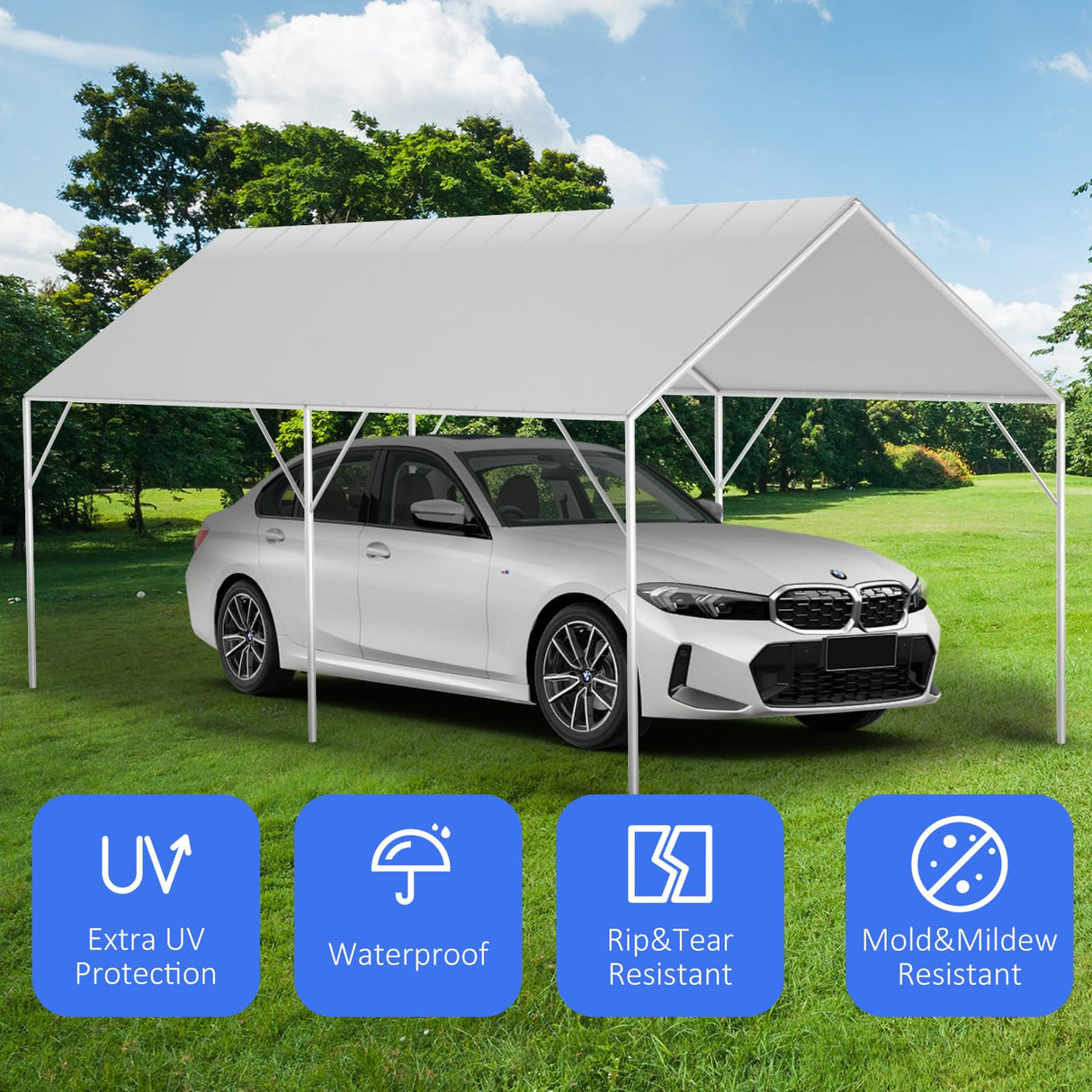 Canopy Replacement Cover for 10' x 20' Carport Frame, 200G Heavy Duty Replacement Top Cover for Car Garage, Waterproof & UV Protected Tarp with 48 Ball Bungees (Only Cover, Frame Not Included), White Fetuero