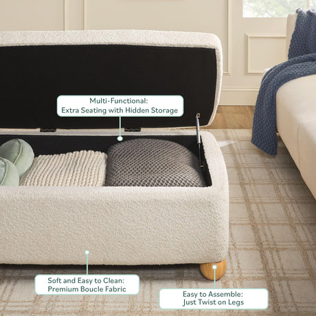 Walker Edison Linley Contemporary Large Storage Bouclé Ottoman with Wood Legs, Ivory Walker Edison