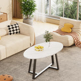 Wolawu Coffee Table White Faux Marble Coffee Table for Living Room,Oval Modern Center Table Tea Table for Small Space,Wooden Living Room Tables End Table with Sturdy Black Metal Leg Wolawu
