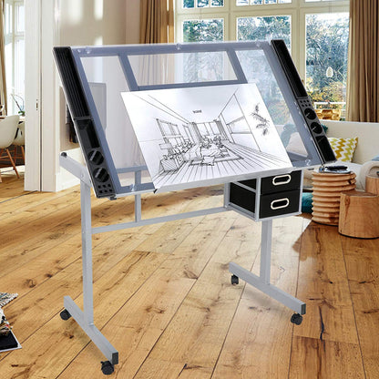 BBBuy Adjustable Drafting Table Drawing Desk Art Craft Station Drafting Desk Glass Tabletop w/2 Slide Drawers and Wheels for Drawing, Sketching, Reading, Painting Home Office