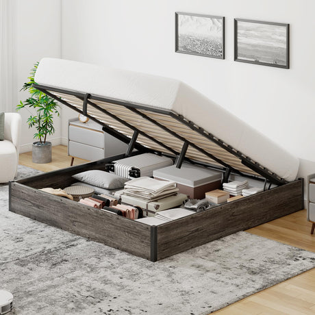 LUXOAK King Size Lift Up Storage Platform Bed Frame, Metal Bed Frame with Wooden Slats Support, No Box Spring Needed, Large Storage Space, Noise Free, Easy Assembly, Rustic Grey LUXOAK