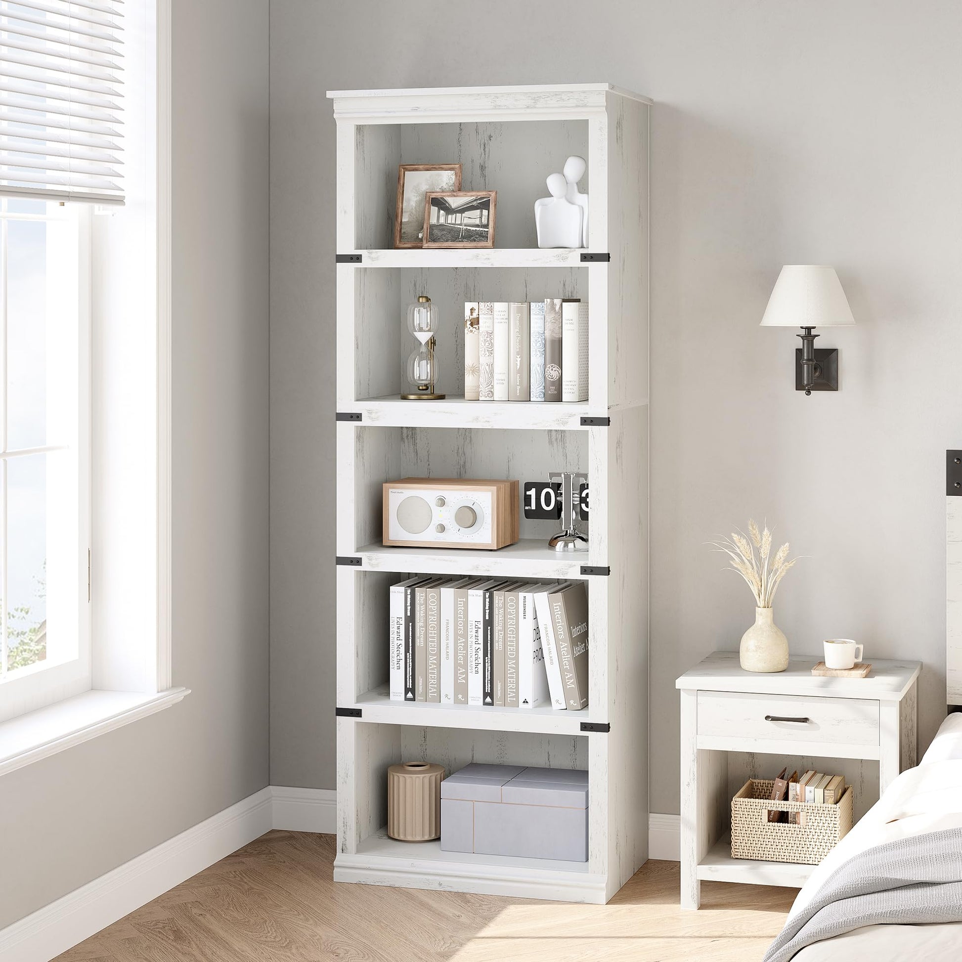 GAOMON 5 Tier Bookcase, Farmhouse Book Shelf with Storage, 67.4 Inch Tall Open Display Bookshelves, Wooden 5 Shelf Bookcase for Living Room, Bedroom-White - WoodArtSupply