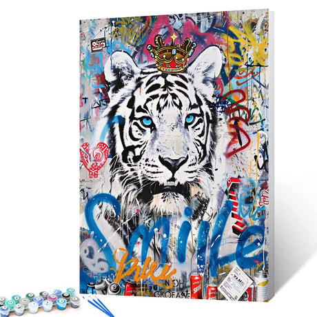 Tucocoo White Tiger Paint by Numbers Kits 16x20 inch Canvas, DIY Oil Painting for Adults with Brushes and Acrylic Pigment, Colorful Graffiti Style Picture for Home Decor Gifts (Without Frame) Tucocoo