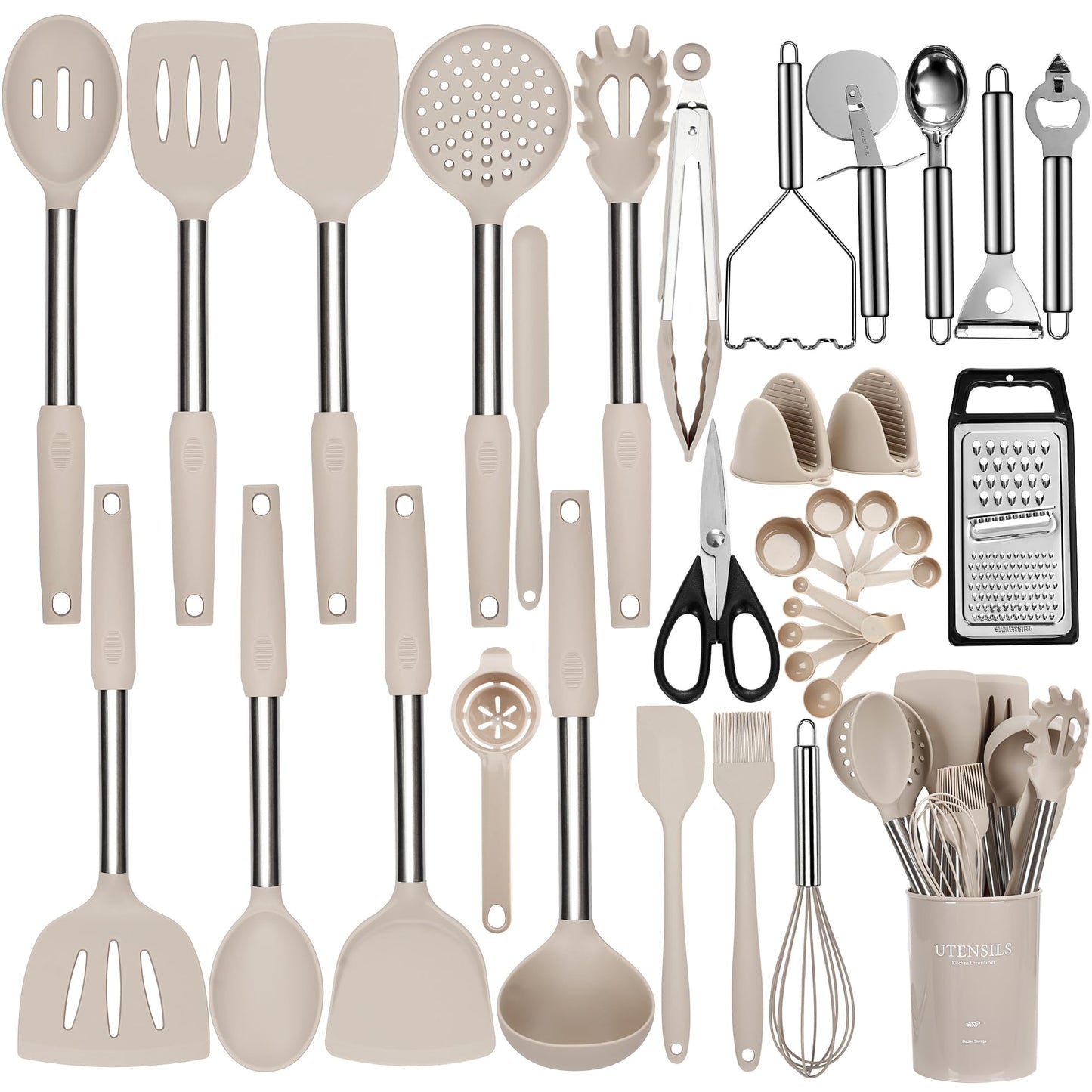 NCUE Kitchen Utensils Set, 35 Pcs Silicone Cooking Utensils Set with Holder, with Stainless Steel Handle Spatula Set, Spoons, Pasta Server, Cheese Grater, Masher, Scissors, Dishwasher Safe (Khaki)