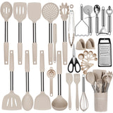 NCUE Kitchen Utensils Set, 35 Pcs Silicone Cooking Utensils Set with Holder, with Stainless Steel Handle Spatula Set, Spoons, Pasta Server, Cheese Grater, Masher, Scissors, Dishwasher Safe (Khaki) NCUE