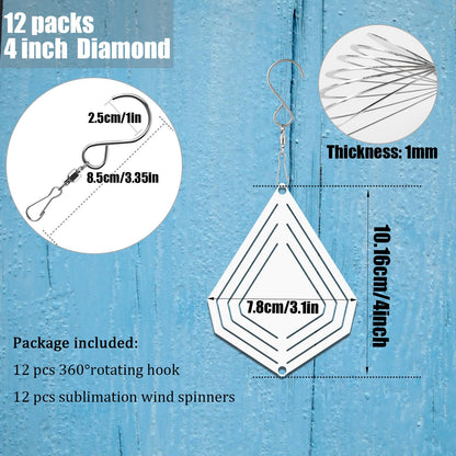 WindMage 12 Pack 4inch Sublimation Wind Spinner Blanks 3D Aluminum Metal Wind Sculpture Kinetic Spinners for Yard Garden Indoor Art Ornaments Xmas Hanging Decoration (Diamond)