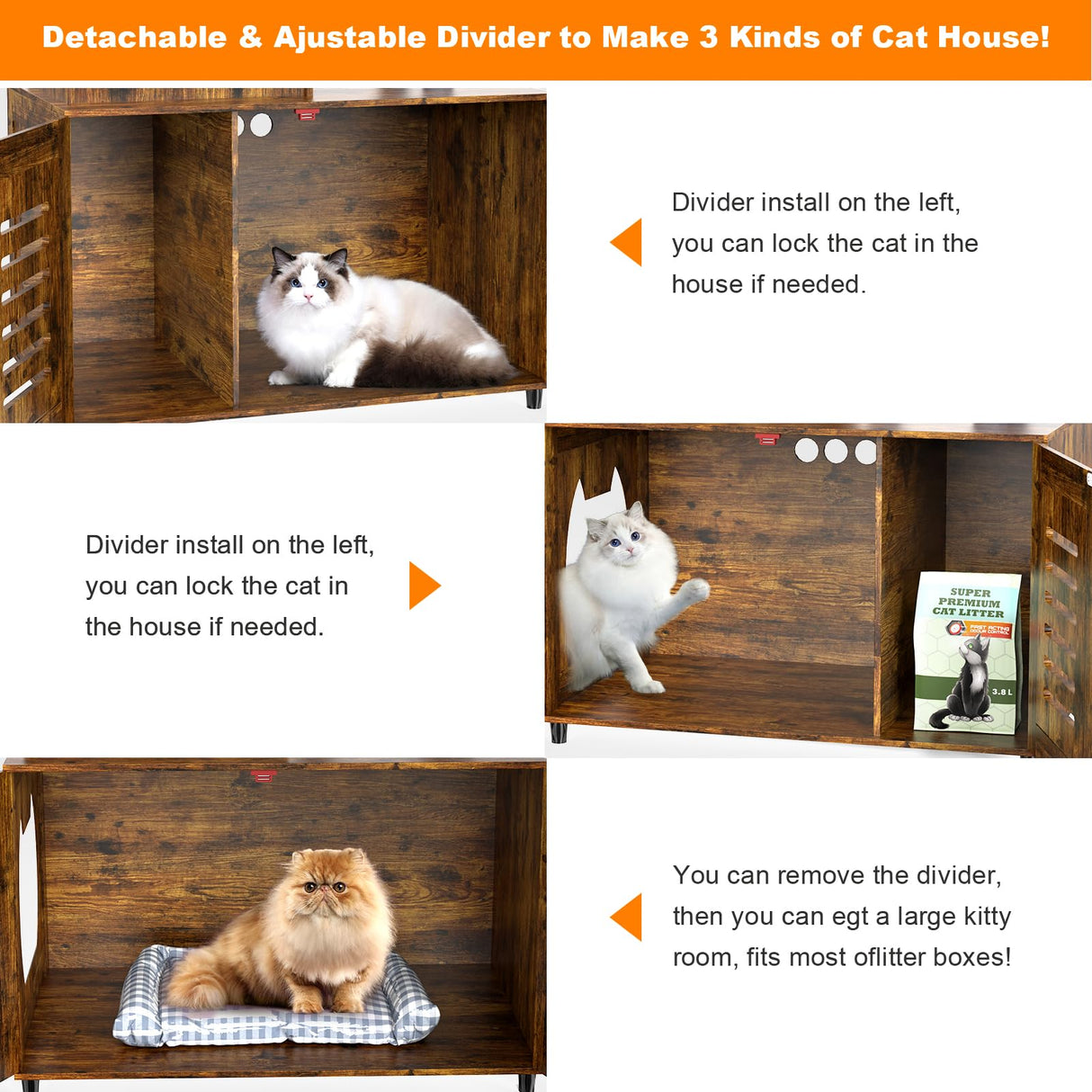 Cat Tree with Litter Box Enclosure, Cat Litter Box Enclosure with Scratching Post and Soft Plush Perch, Hidden Cat Washroom Furniture with Divider, All-in-one Cat Cabinet, Rustic Brown Ryvorbe