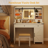 HOMCOM Farmhouse Vanity Desk with Mirror, Rustic Makeup Vanity Table with LED Lights, Cushioned Stool, 42 Inch Glass Tabletop, Drawers & Shelves & Cabinet, Dressing Table Set for Bedroom, White HOMCOM