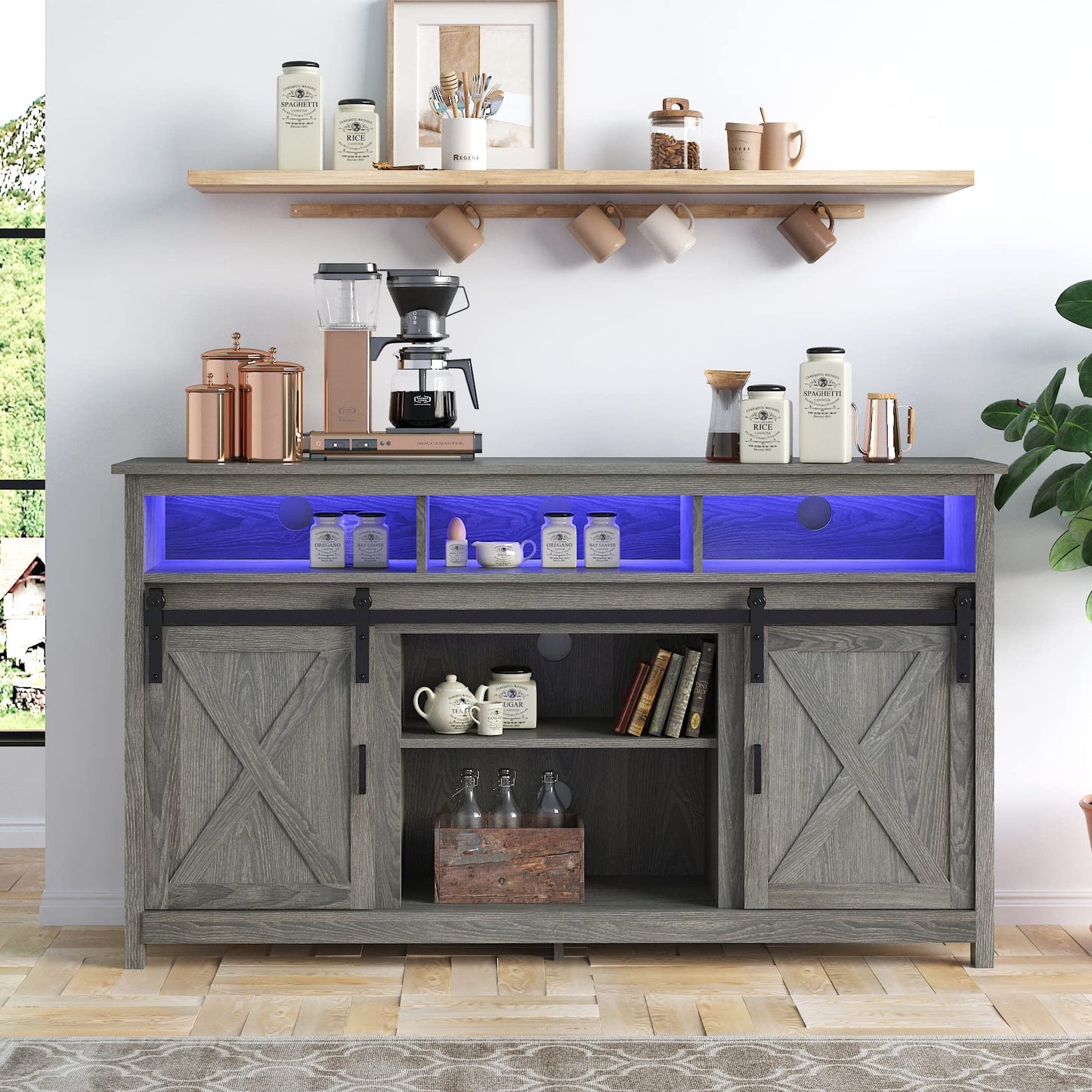 Bolonbi LED Farmhouse TV Stand for 65 inch TVs, Rustic Entertainment Center TV Cabinet Stands with Power Outlets, Wooden Sliding Barn Door TV Center Media Console Table with Storage and Shelves