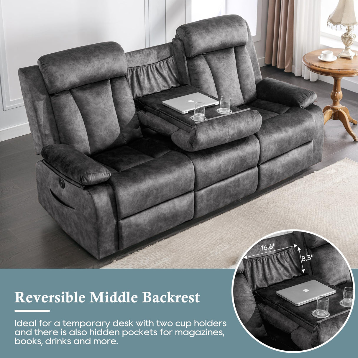 GUEAPY Power Reclining Sofa, 3-Seater Reclining Couch with Massage & Heat, Drop-Down Table, USB & Type-C Charging Ports, Cup Holders, Dutch Velvet, RV & Living Room Reclining Seating GUEAPY