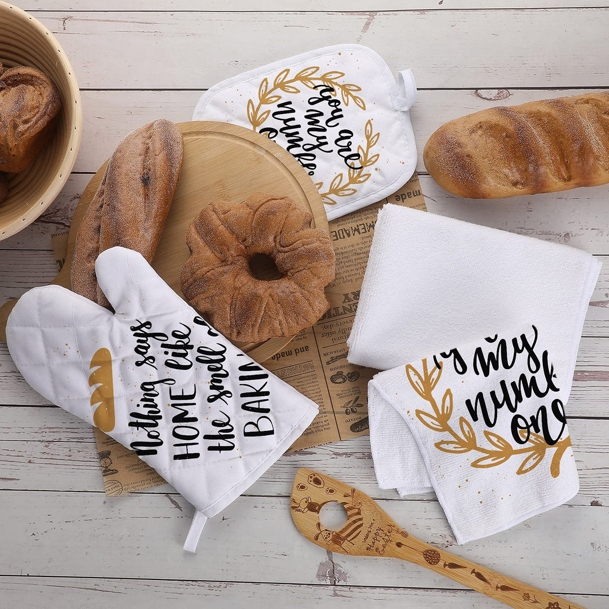 10 Pieces Blank Sublimation Oven Mitts Set Include 2 Sublimation Heat Resistant Oven Gloves 2 Blank Sublimation Hot Pads Pot Holders 2 Towels and 4 Dish Towels for Kitchen Cooking (White) Cunhill