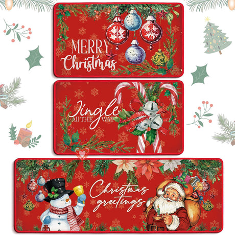 Drydiet 3 Pcs Christmas Kitchen Rugs and Mats Set Xmas Winter Farmhouse Non Slip Rugs Christmas Snowman Candy Holly Berries Floor Mats for Kitchen Home Hallway Holiday Decor, 17 x 29 and 17 x 47 Inch Drydiet