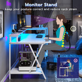 SEDETA White Gaming Desk 55'' with LED Lights and Storage Shelves, Computer Desk with Monitor Stand, Power Outlets and Cup Holder, Large PC Gamer Desk, Gaming Table for Bedroom, Living Room SEDETA