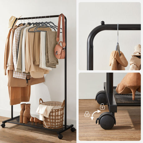 SONGMICS Clothes Rack with Wheels, Clothing Rack for Hanging Clothes, 25.4 mm Metal Garment Rack with Dense Mesh Storage Shelf, 110 lb Load Capacity, 2 Brakes, Black UHSR25BK SONGMICS