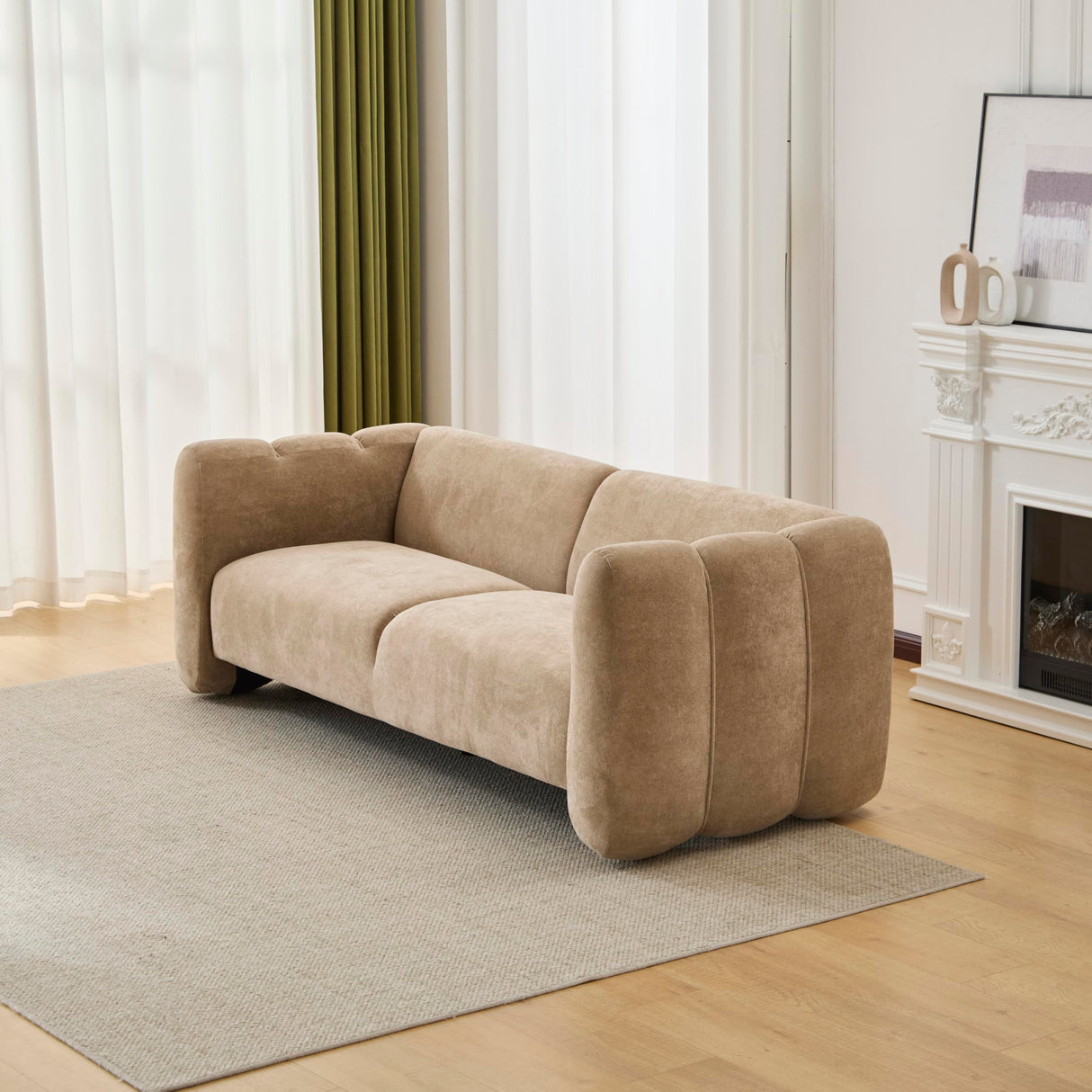 Christopher Knight Home Ahri 83'' Wood Frame Lounge Sofa Couch with Wave Design, Soft Seating 3-Seater Sofa with Armrests, Comfy Velvet Upholstered Home Sofa for Living Room and Office, Camel Christopher Knight Home