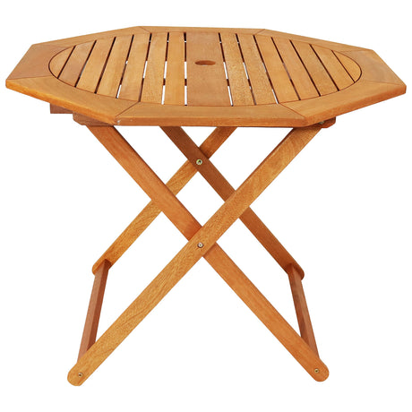 Sunnydaze Folding Meranti Wood Outdoor Dining Table with Umbrella Hole - Foldable Teak Patio Table - Teak Oil Finish - Octagon Sunnydaze