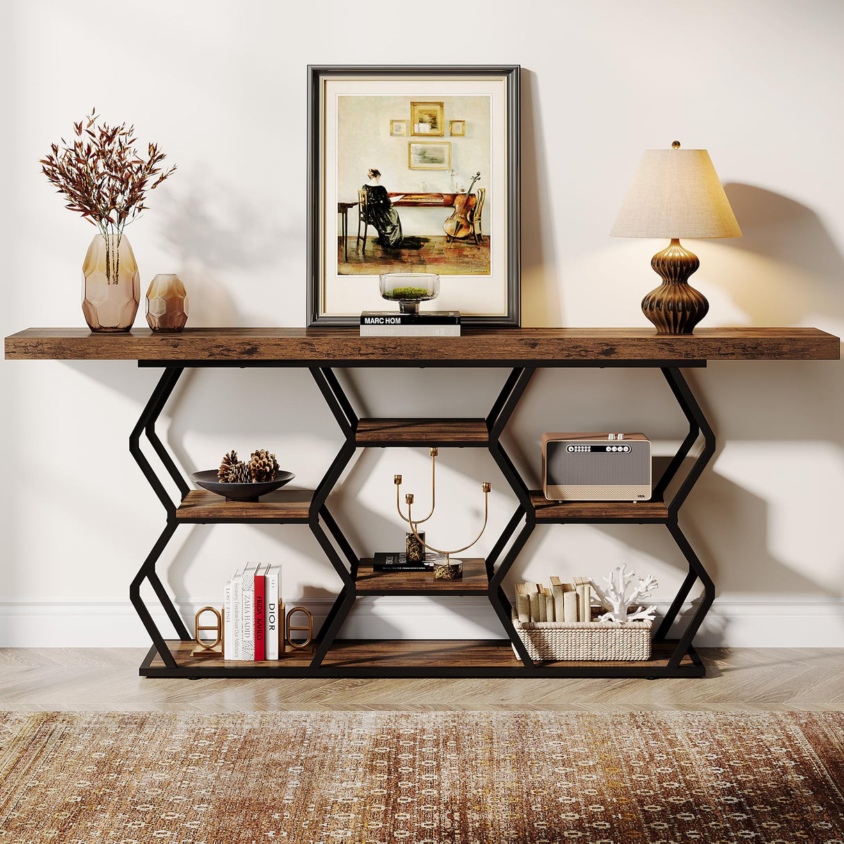 Tribesigns 70.9" Extra Long Console Table with Shelves, Narrow Sofa Table Behind Couch with Storage, Industrial Entryway Table TV Stand Accent Table for Living Room Hallway Foyer, Rustic Brown & Black Tribesigns