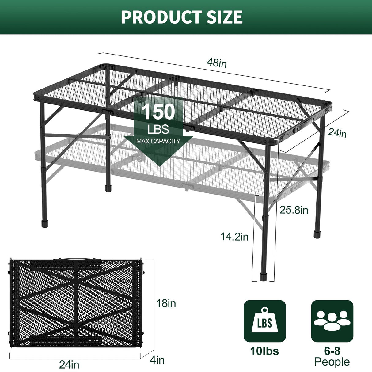 WildFinder Folding Gril Table, 4x2 FT Camping Table with Mesh Desktop,Height Adjustable Folding Grill Table with Mesh Bag,Portable Outdoor for Picnic,Camping,BBQ,Beach(Black) WildFinder